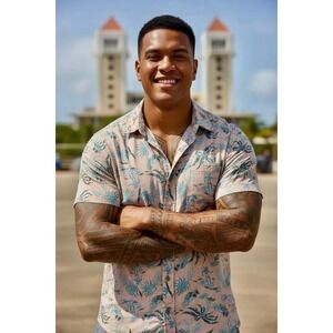 Retro Rails Men's Hawaiian Shirt Aloha Print XL Peach Blue Surfer Cool Linen